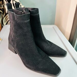 Zara Black Suede Leather Ankle Boots Zip Square Toe And Heel Size 36/US 5.5-6